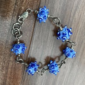 Blue blown glass bracelet with silver chain